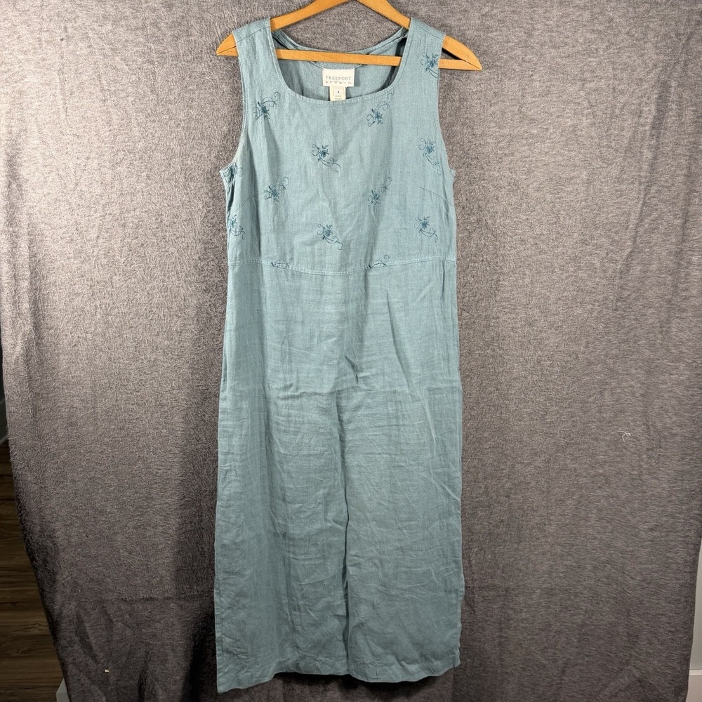 Freeport Studio Size S 100% Linen Green Floral Long Maxi Sleeveless Dress Beach